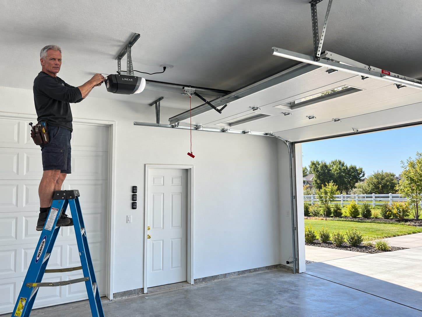 An installer fitting a new garage door opener to the ceiling