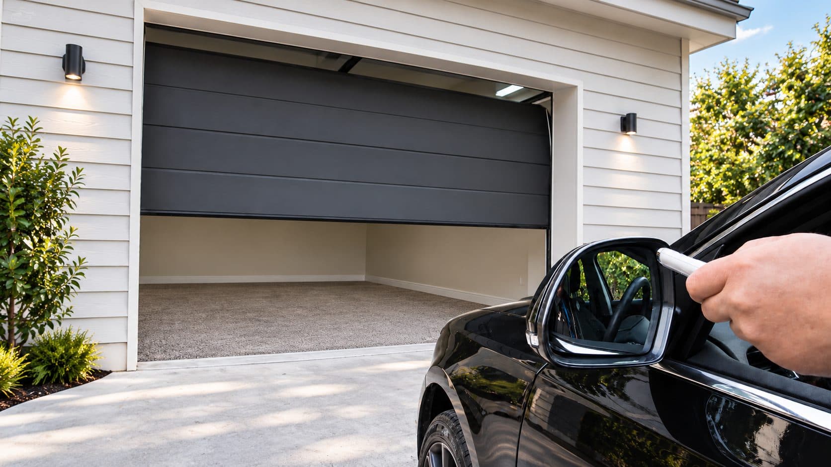 A driver operating a garage door with a remote from the car