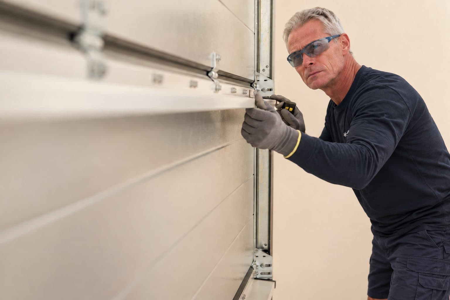 A Garage Door Group technician working on a garage door track
