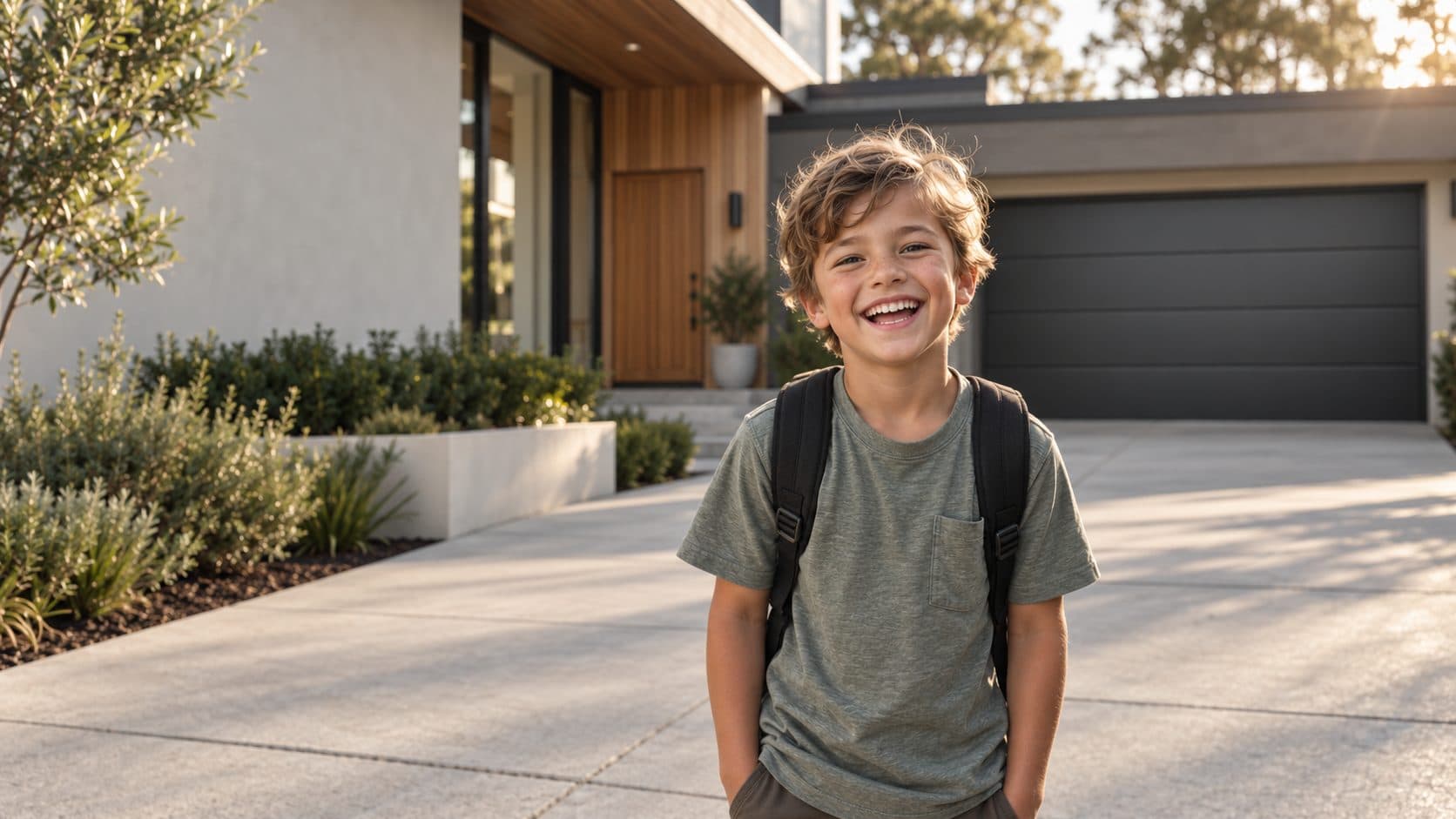 A boy with a school bag on a driveway in front of a modern house with a dark sectional garage door