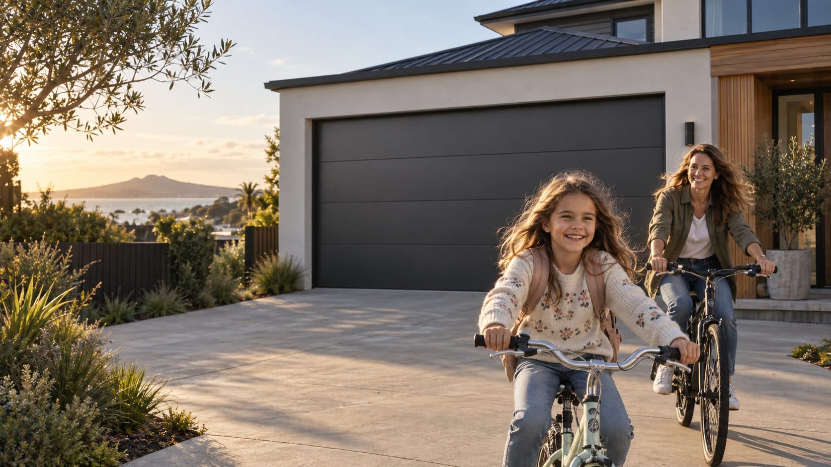 A girl and her mother cycling past a modern house with a dark sectional garage door at sunset