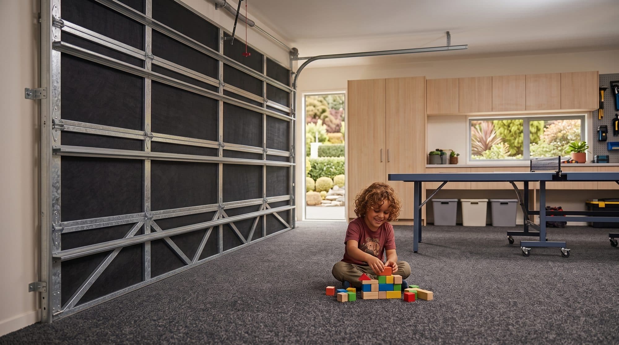 A child playing on the carpet of an insulated garage with the door open above