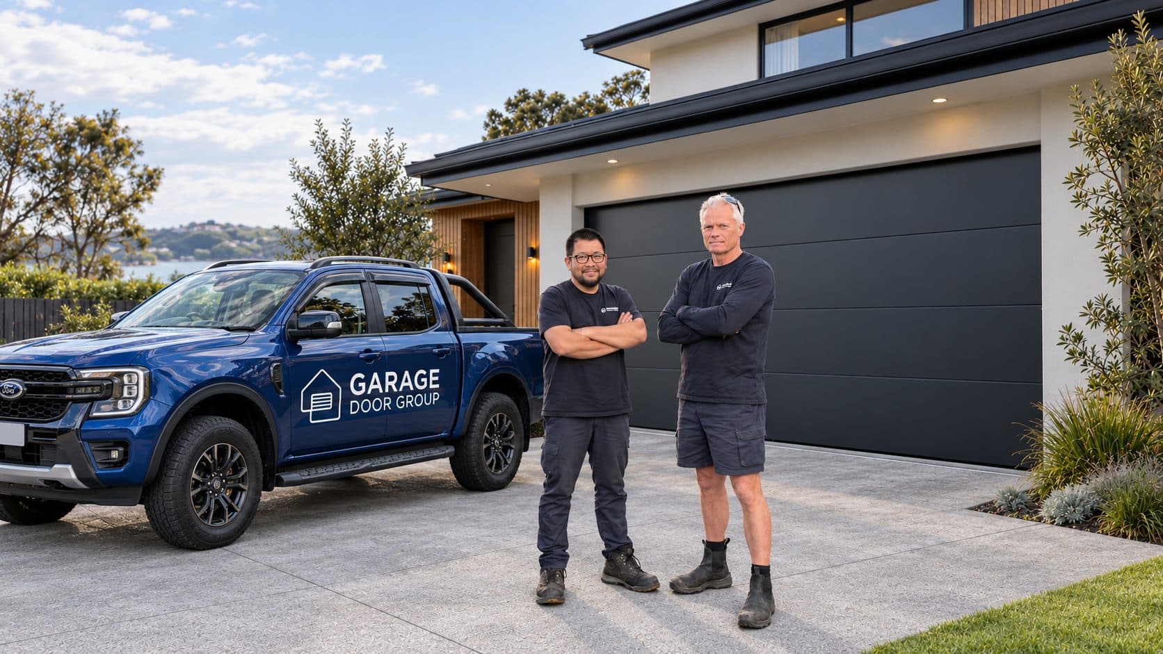 Two Garage Door Group installers beside the company ute outside a house with a new dark garage door