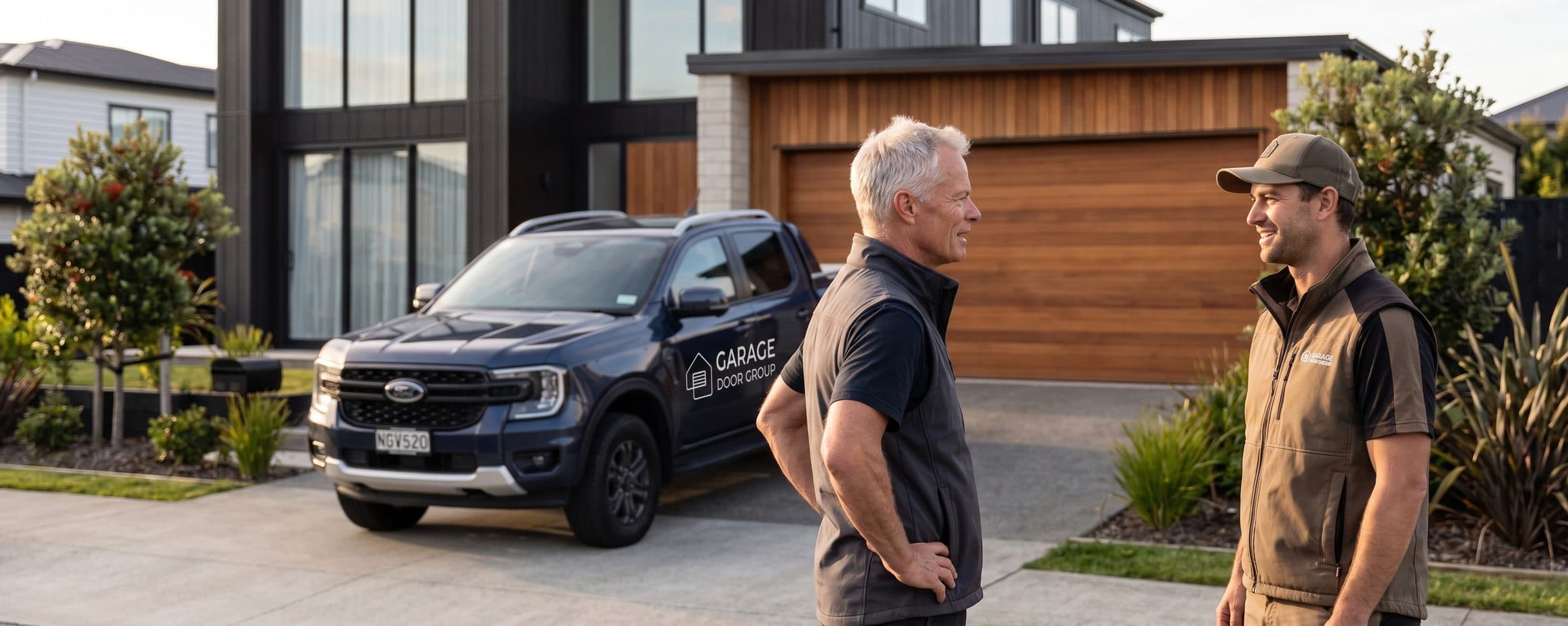 A technician talking with a homeowner beside the Garage Door Group ute
